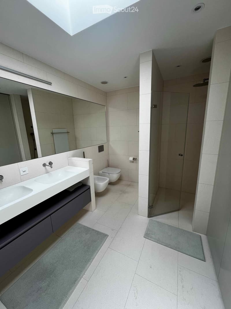 Modern bathroom with a double sink, large mirror, toilet, bidet, and a glass-enclosed shower. Features light-colored tiles and a skylight for natural light.