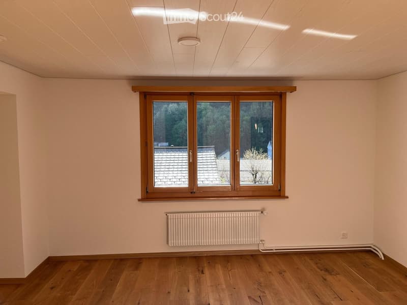 Empty room with wooden flooring, white walls, large window with wooden frame, radiator, and recessed ceiling lighting.