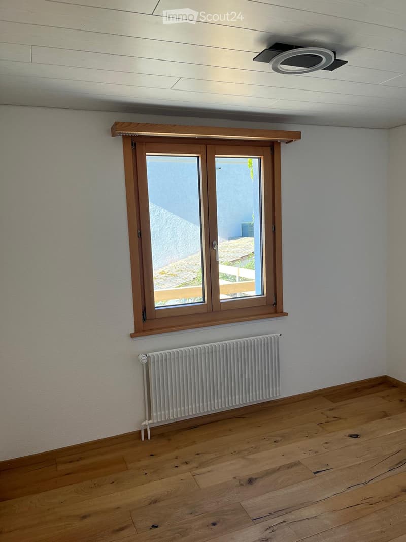 Empty room with wooden flooring, white walls, a radiator, and a large window with wooden frame opening to an outdoor area.