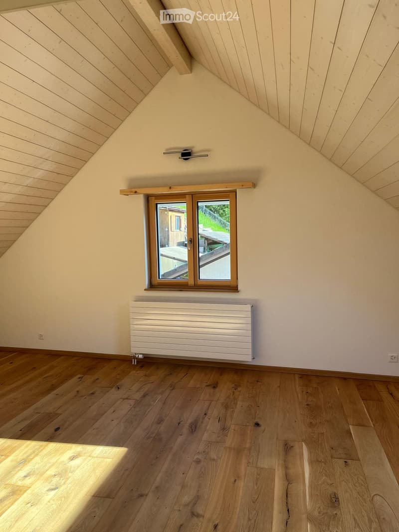 Bright, empty attic room with wooden flooring, white walls, and a large window offering a view of the outdoor area. Features include a built-in radiator and a modern ceiling light fixture.