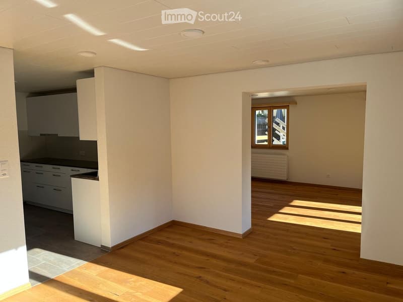 Empty room with wooden flooring, white walls, and a small kitchen area with cabinets and a countertop. Natural light streams in from a window in the adjacent space.