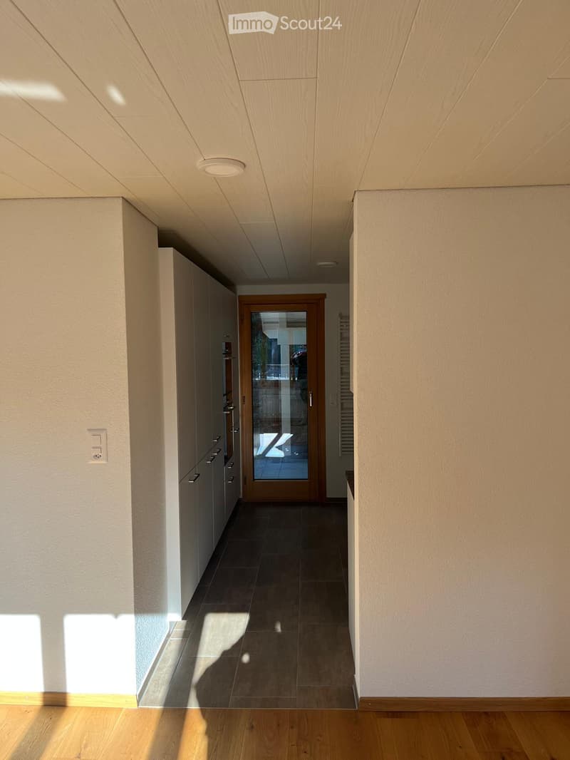 Modern hallway with light-colored walls, wooden flooring, and a glass door leading to another room.