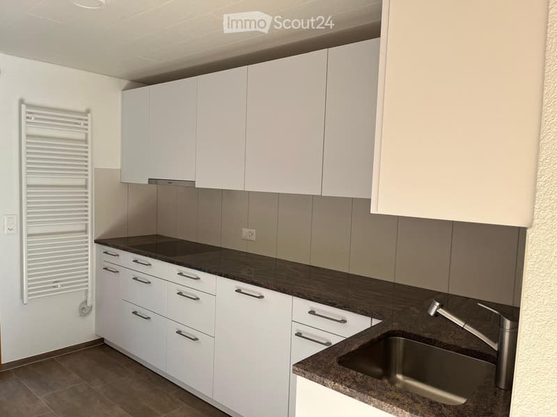 Modern kitchen with white cabinets, dark granite countertops, stainless steel sink, and faucet.