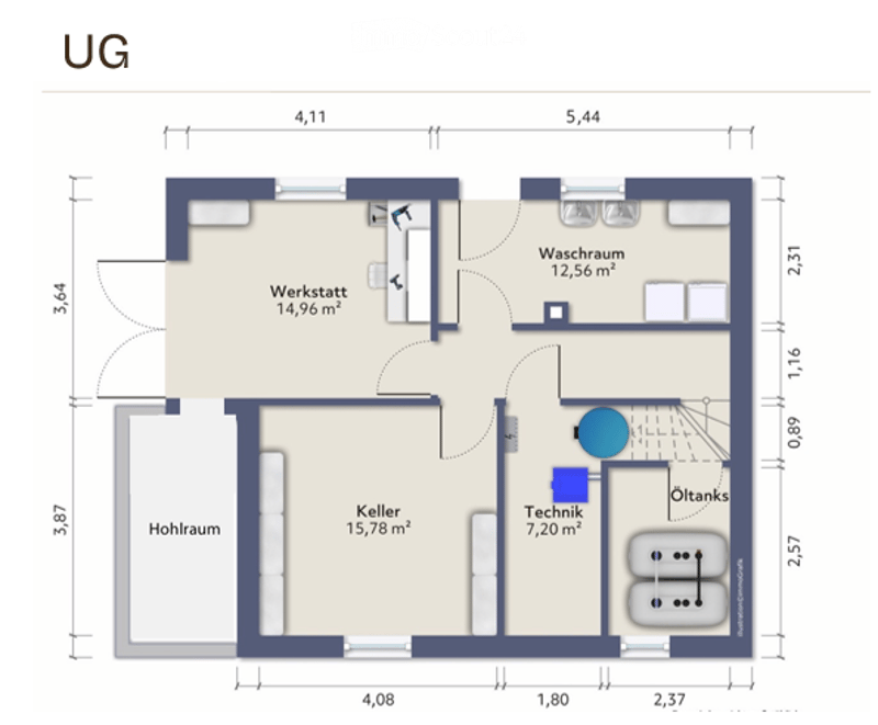Underground floor plan showing Werkstatt, Waschraum, Keller, Technik, Ol tanks, and Hohlraum with dimensions.