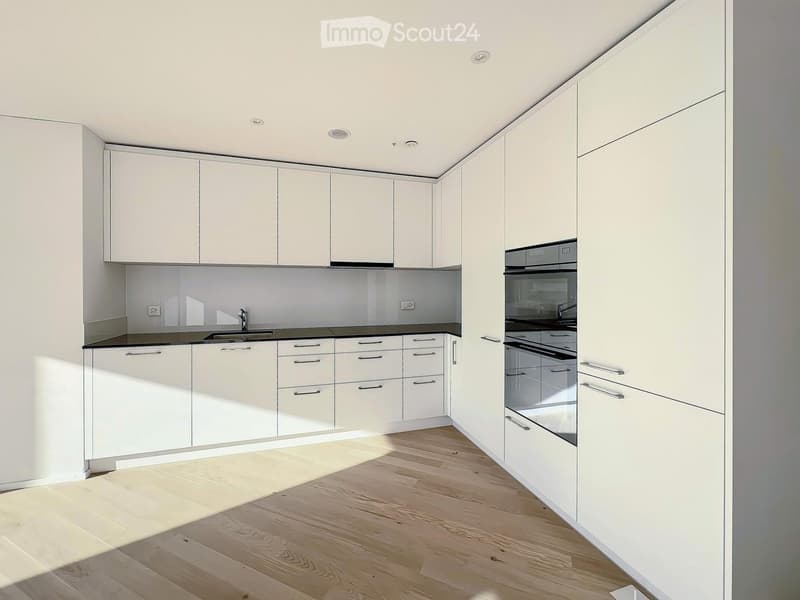 Modern kitchen with white cabinets, black countertops, and a wooden floor.