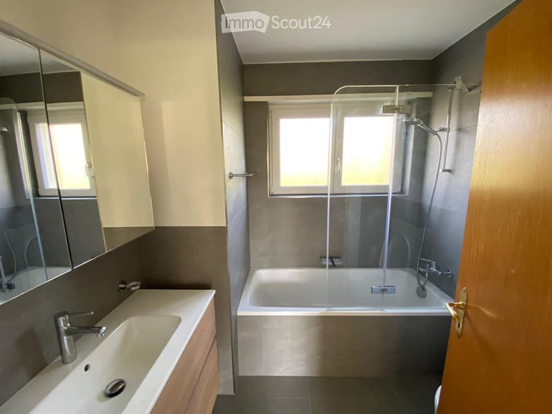 Modern bathroom with a white sink, bathtub, and glass-enclosed shower. Features a large mirror, wooden cabinet, and grey tiled walls.