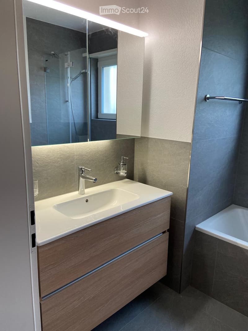 Modern bathroom with a white sink, wooden cabinet, chrome faucet, large mirror with built-in lighting, and a bathtub visible in the background.