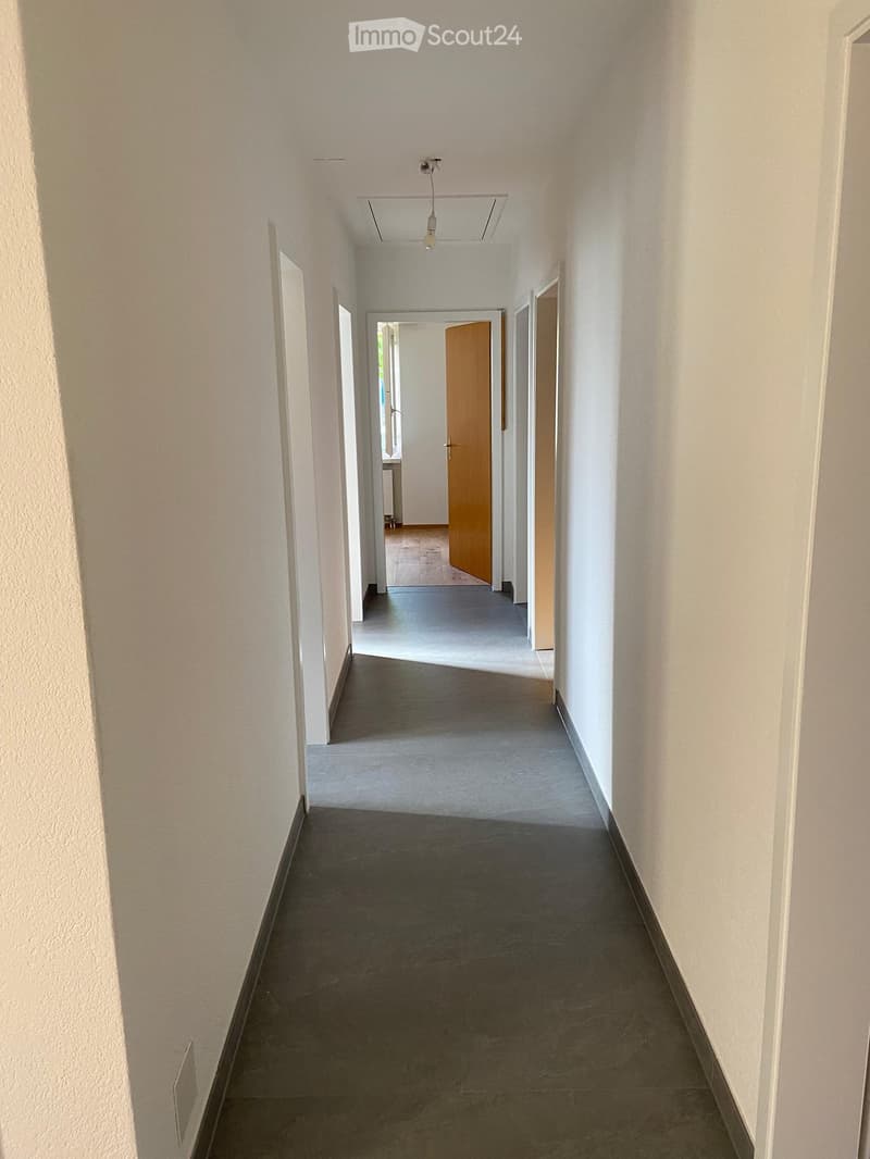 Empty hallway with white walls, dark tiled floor, and a single wooden door at the end.