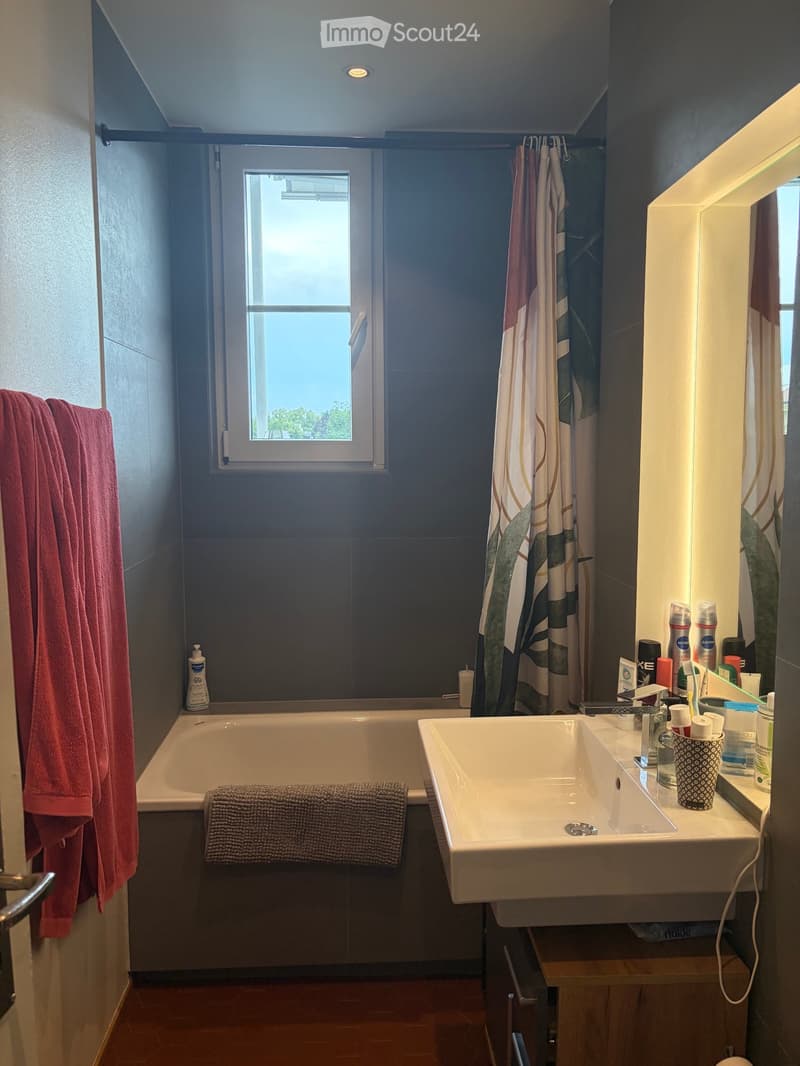 Modern bathroom with a bathtub, sink, mirror, and various toiletries. Features a window with a view, a towel on the edge of the tub, and a colorful shower curtain.