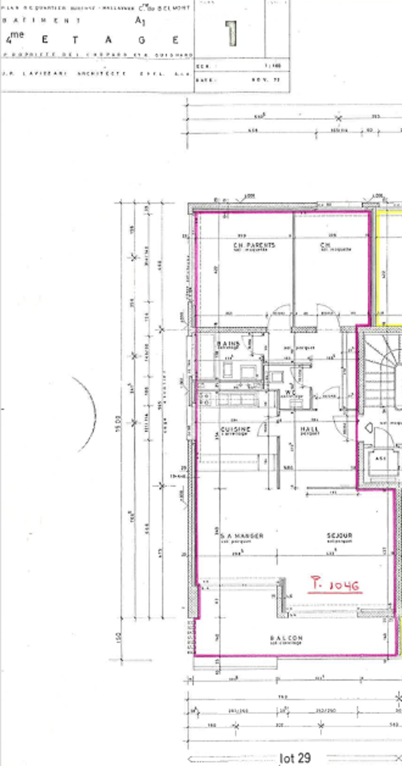 Floor plan of a residential building showing multiple rooms including a kitchen, living room, bedrooms, and bathrooms. Dimensions and labels are present.
