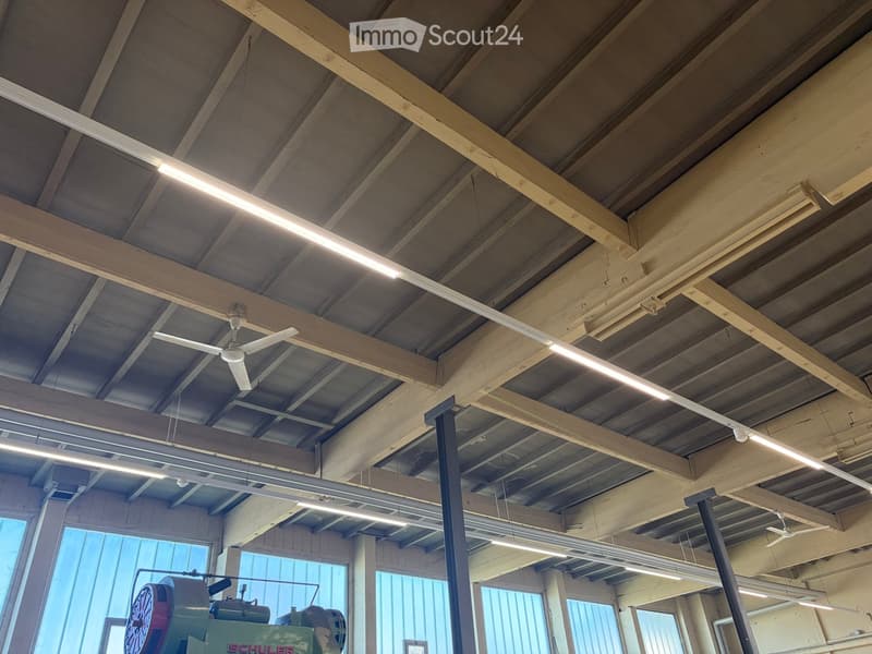 Industrial-style interior with exposed wooden beams, fluorescent lighting, ceiling fans, and large windows allowing natural light.