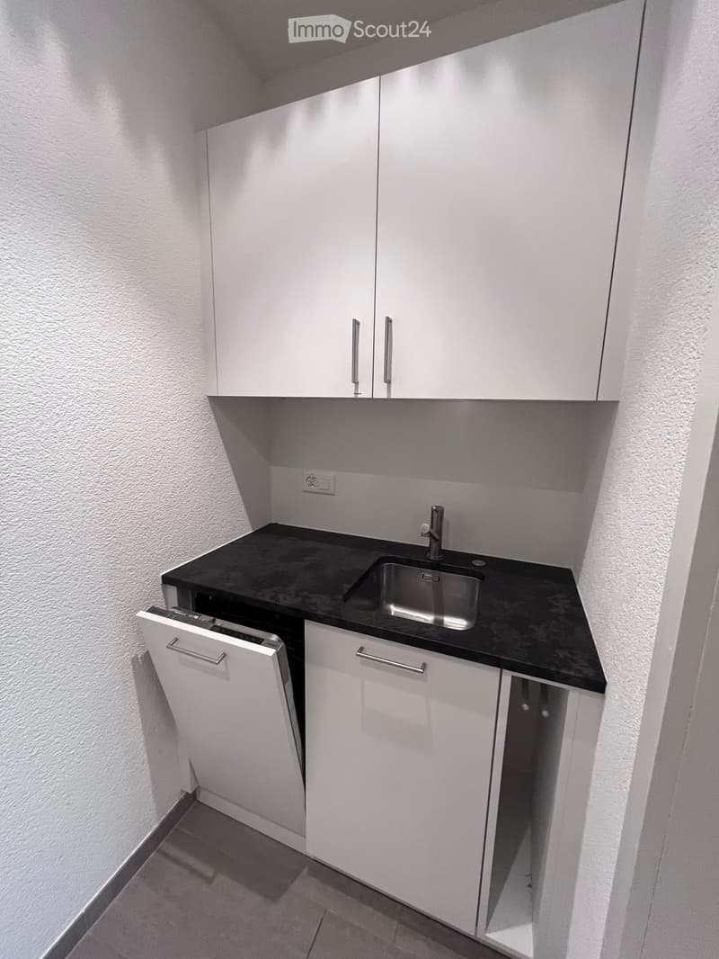 Modern kitchen with white cabinets, black countertop, stainless steel sink, and a power outlet.