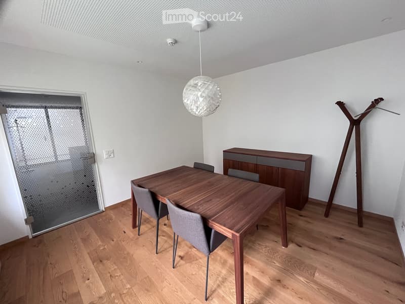 Modern dining area with wooden table, chairs, and a cabinet. A hanging lamp is above the table.