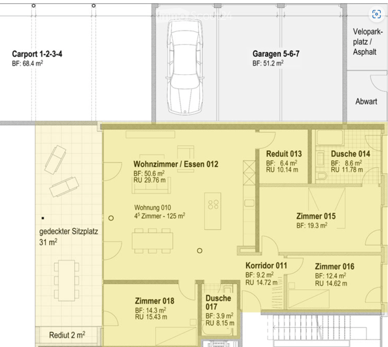 Floor plan showing a 4-room apartment with living/dining area, bedroom, two bathrooms, hallway, and covered outdoor seating area. Includes carport and garage.