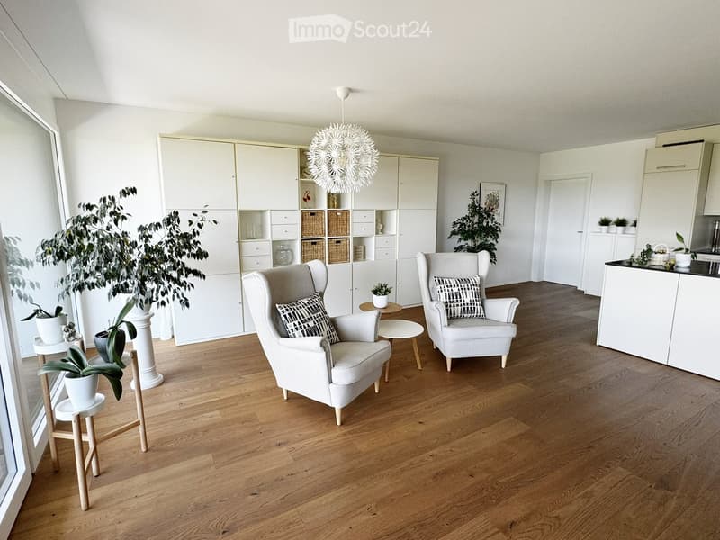Modern living room with light-colored furniture, wooden flooring, and large windows. Features two armchairs, a small table, potted plants, and built-in white cabinets.