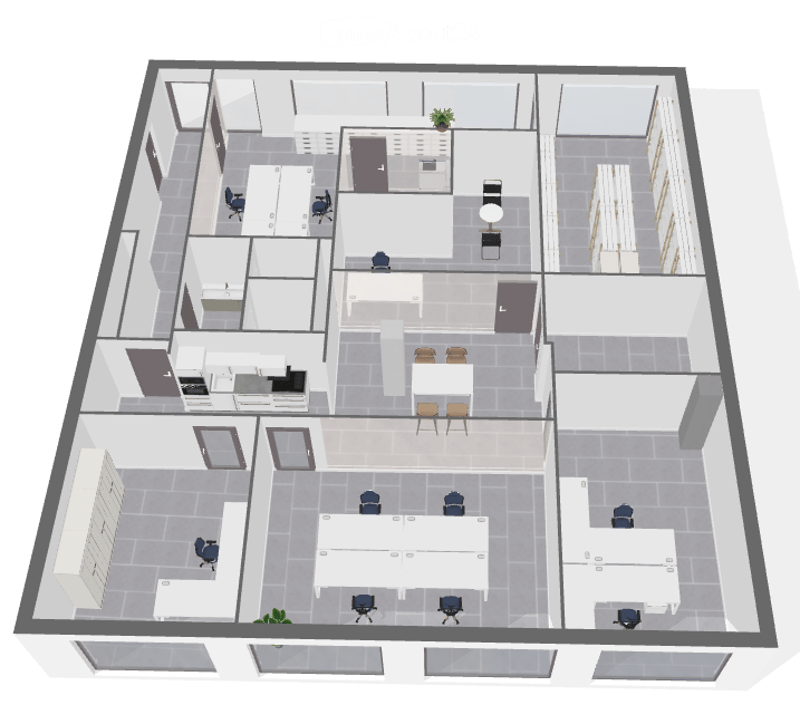 Top-down floor plan of a modern office space with multiple workstations, meeting rooms, and a break area. Features include desks, chairs, cabinets, and a small plant in the break area.