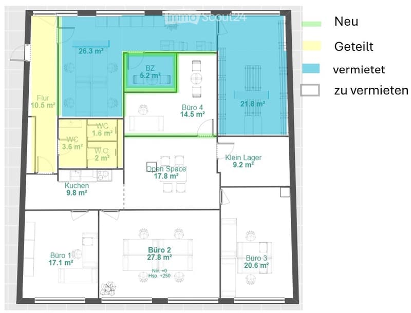 Floor plan showing multiple rooms including kitchen, offices, bathrooms, open space, and storage area. Rooms are labeled with sizes in square meters.