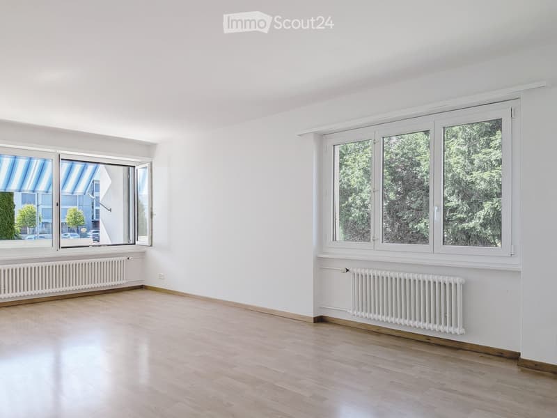 Empty room with white walls, wooden flooring, large windows, and radiators.