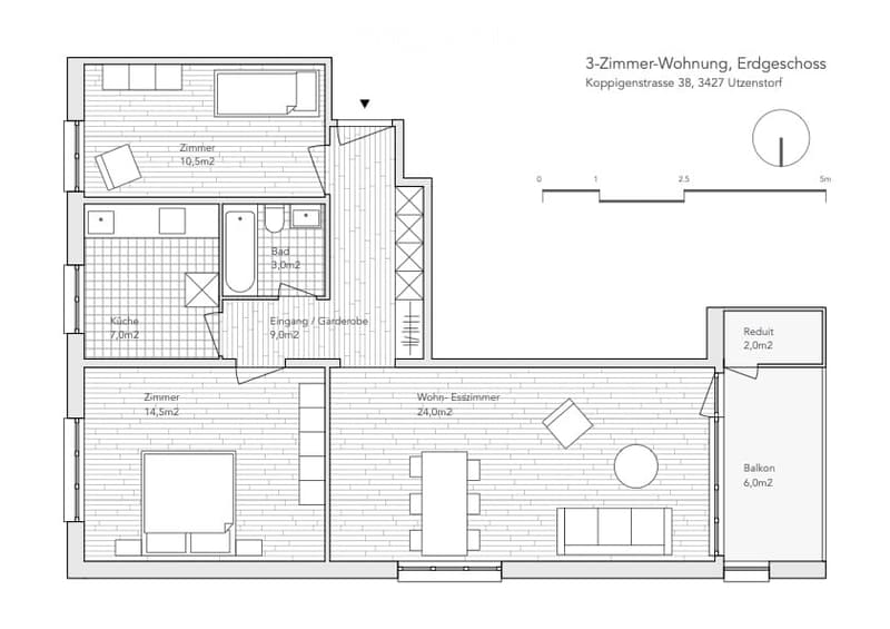 Floor plan of a 3-room apartment on the ground floor, including a living-dining room, two bedrooms, a kitchen, a bathroom, and a balcony.