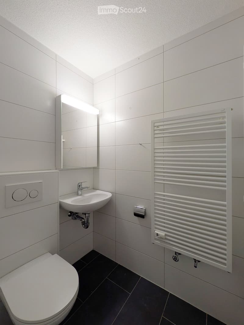Modern bathroom with white tiles, a toilet, a sink with a chrome faucet, a mirror, and a white radiator.