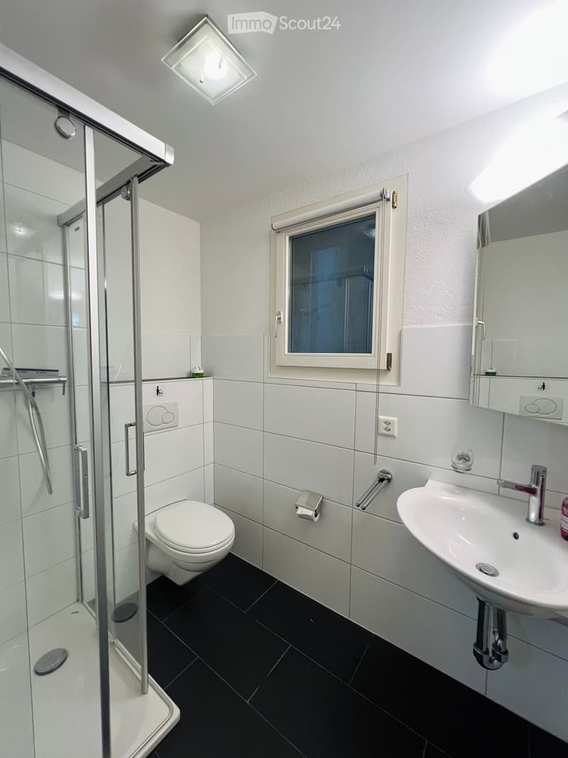 Modern bathroom with white tiles, black floor, shower stall, toilet, sink, and mirror.