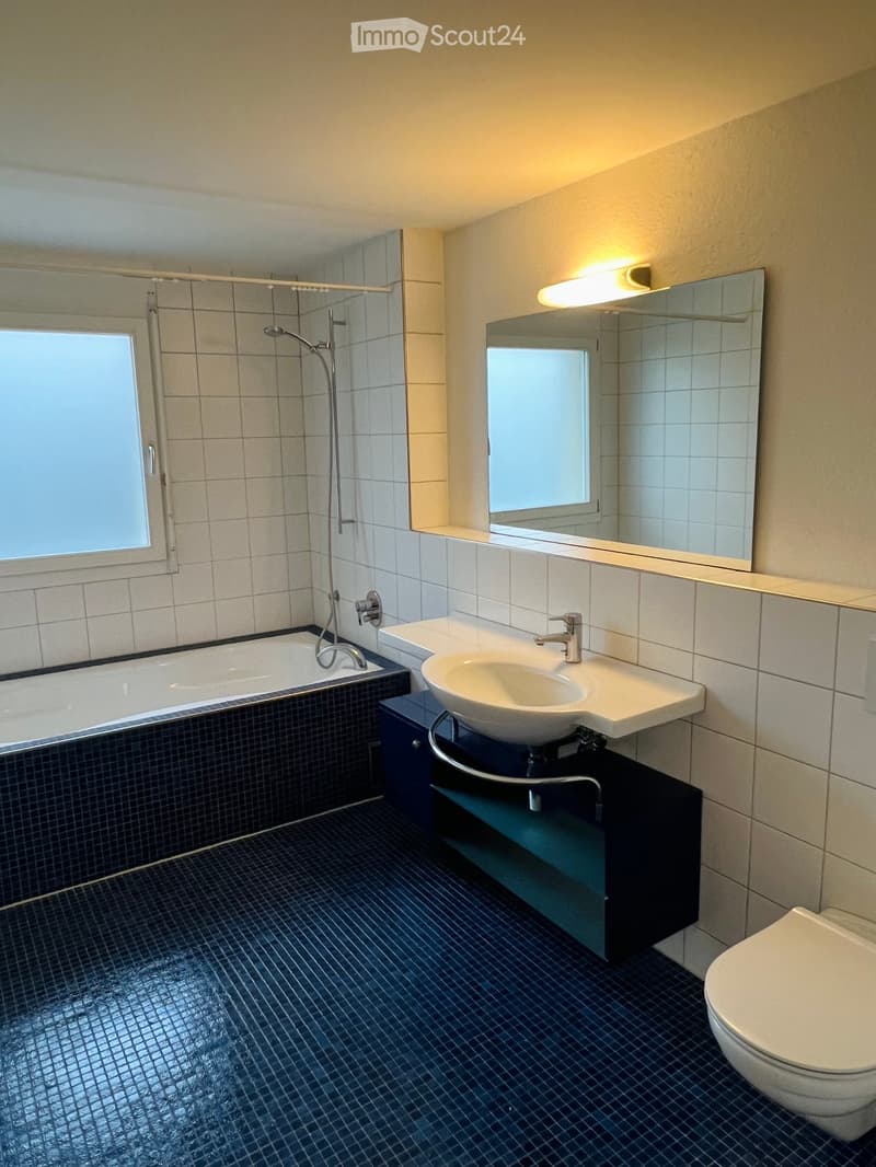 Modern bathroom with dark blue tiles, bathtub, sink, mirror, and toilet.