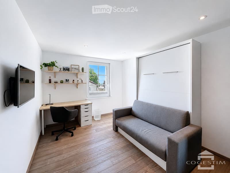 Modern, multi-functional room with a sofa, desk, chair, shelves, and a television. Features wooden flooring, white walls, and a large window with a view.