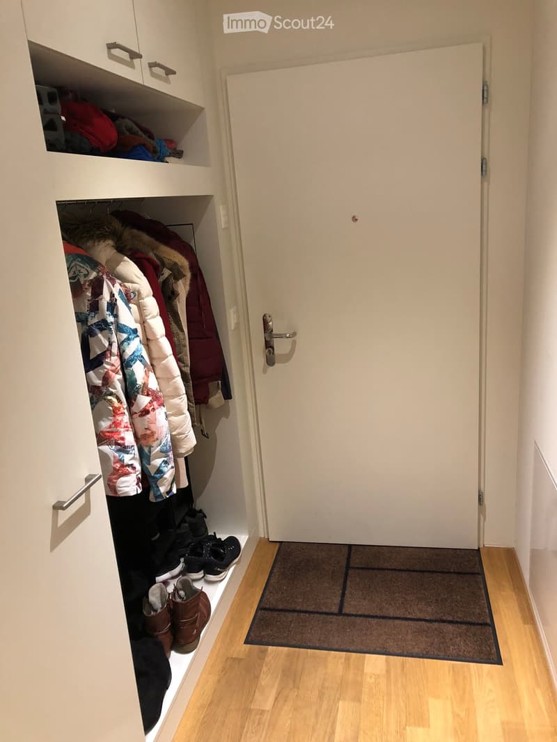 A narrow hallway with wooden flooring, a small brown doormat, and a built-in closet with open shelves holding coats, jackets, and shoes.