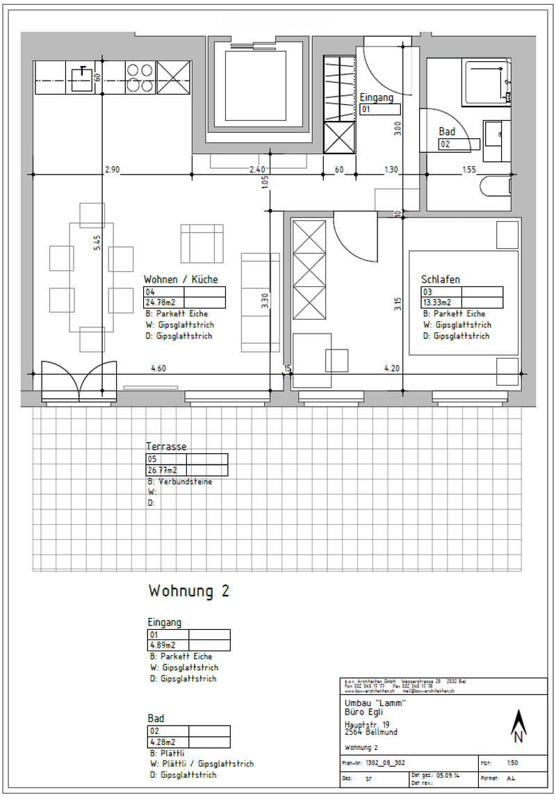 Floor plan of Apartment 2 showing entrance, living/kitchen area, bedroom, bathroom, and terrace.