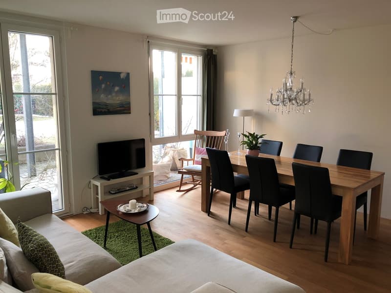 Open-plan living and dining area with a grey sofa, coffee table, dining table with chairs, television, chandelier, table lamp, rocking chair, and potted plant.