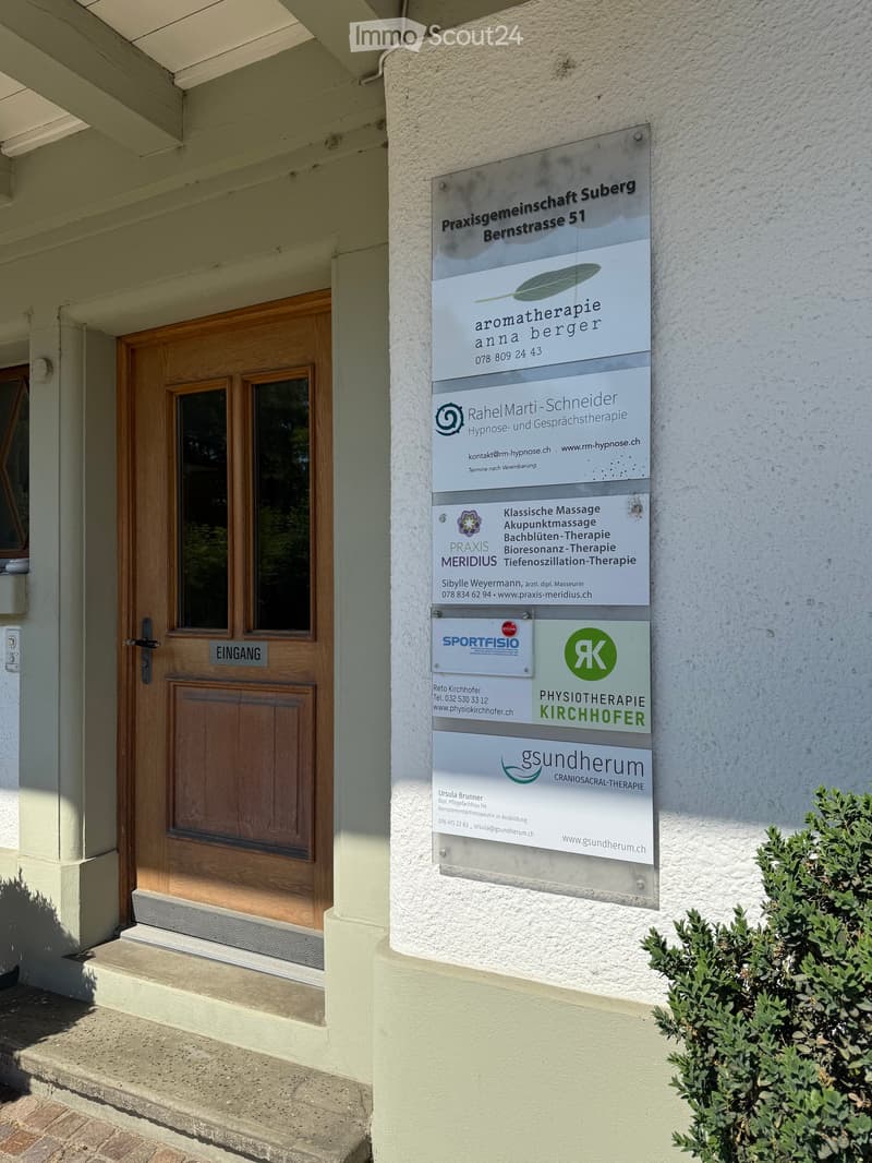 Facade of a building with a wooden door labeled 'EINGANG' and several professional practice signs attached to the wall.