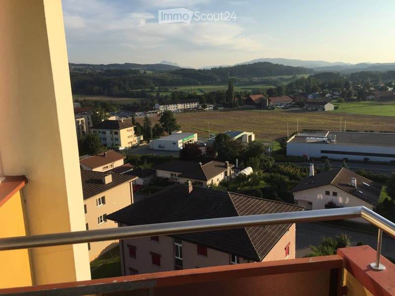 Balcony overlooking a suburban area with houses, fields, and distant mountains.