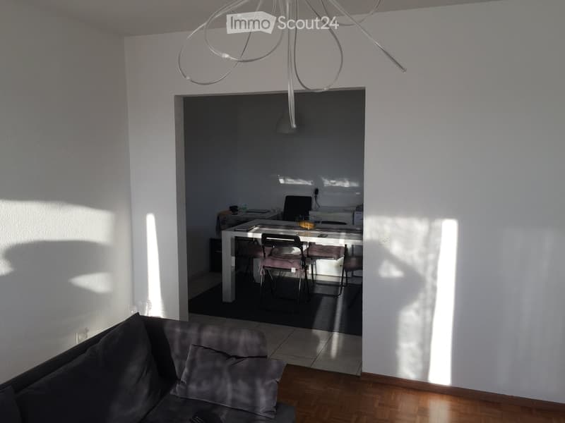 A modern living room with a grey sofa, wooden floor, and a small kitchen area visible in the background. The room features a white pendant light fixture and a dining table with chairs.