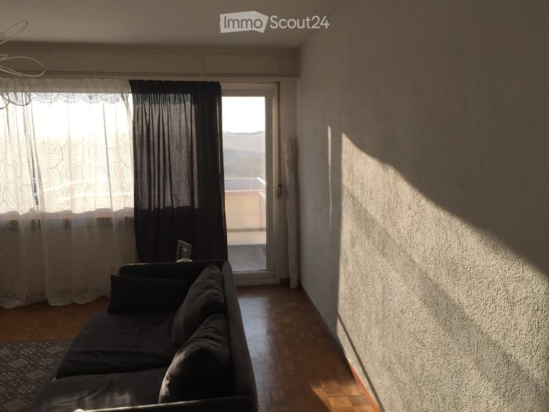 Living room with a grey sectional sofa, wooden flooring, and large windows leading to a balcony.