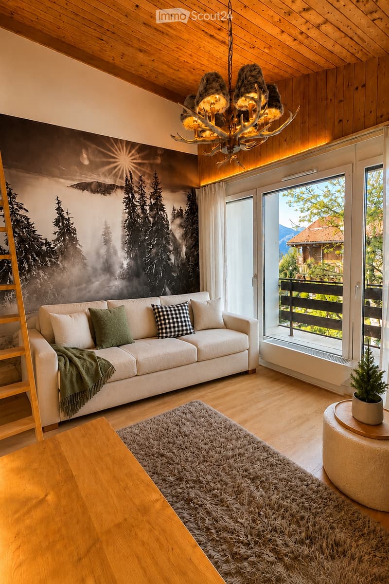 Modern living room with wooden ceiling and floors, large window with balcony access, white sofa with decorative pillows, shaggy rug, and a chandelier with antler design.