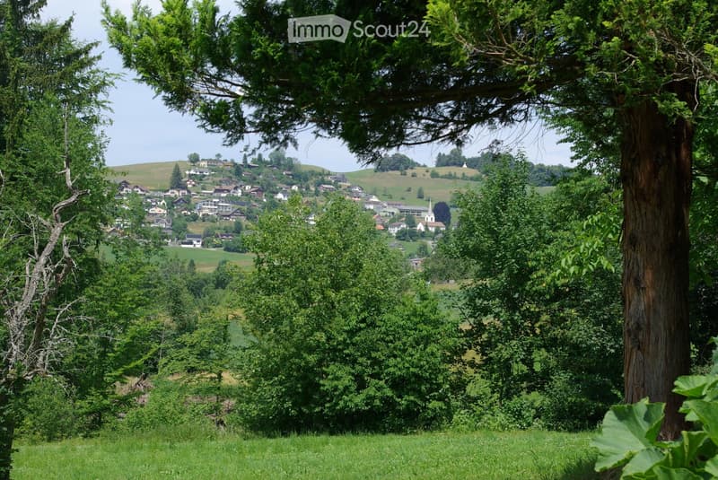A scenic view of a village nestled in a lush green valley, surrounded by trees and hills, with houses and a church visible in the distance.