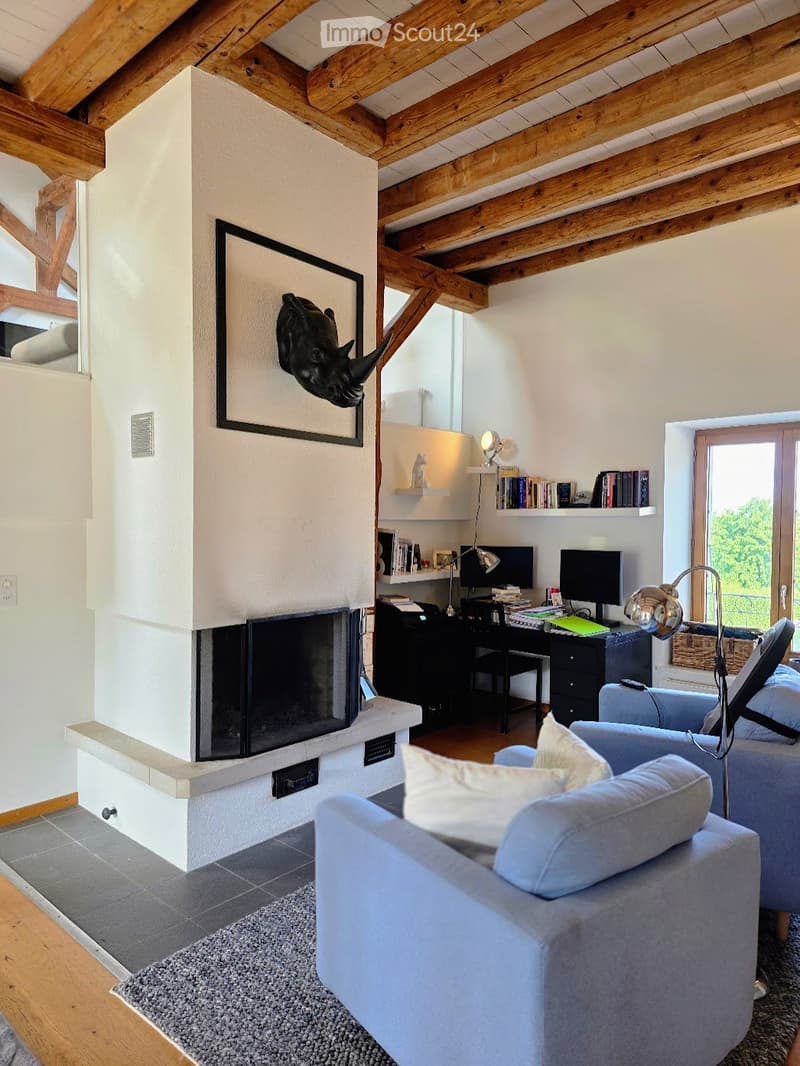 Living room with exposed wooden beams, fireplace, sofa, chair, and a desk area with a computer and shelves.