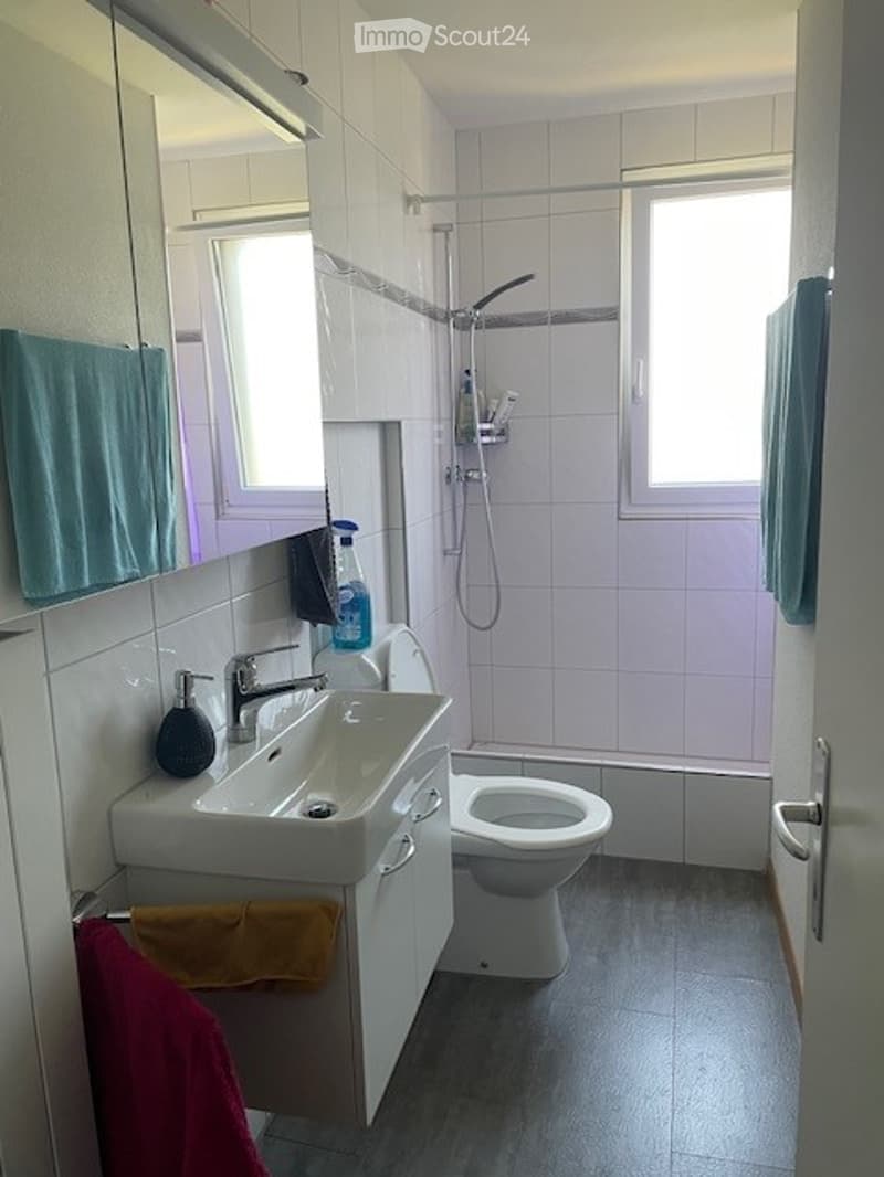 Modern bathroom with white tiles, a sink with a chrome faucet, a toilet, a shower area with a glass door, and a mirror above the sink. Towels are hanging on the sides.