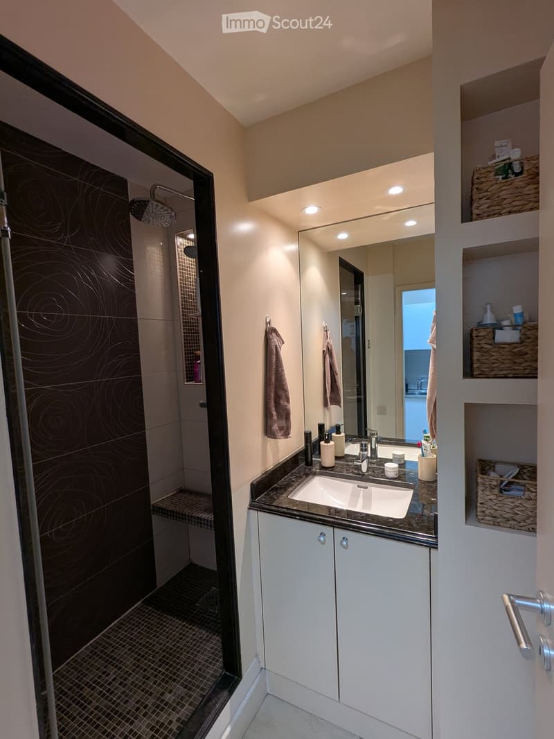 Modern bathroom with a white sink, dark countertop, large mirror, shower with dark tiles, and built-in storage shelves with baskets.