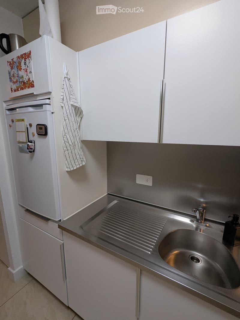 Compact kitchen with white cabinets, stainless steel sink, and a small refrigerator.