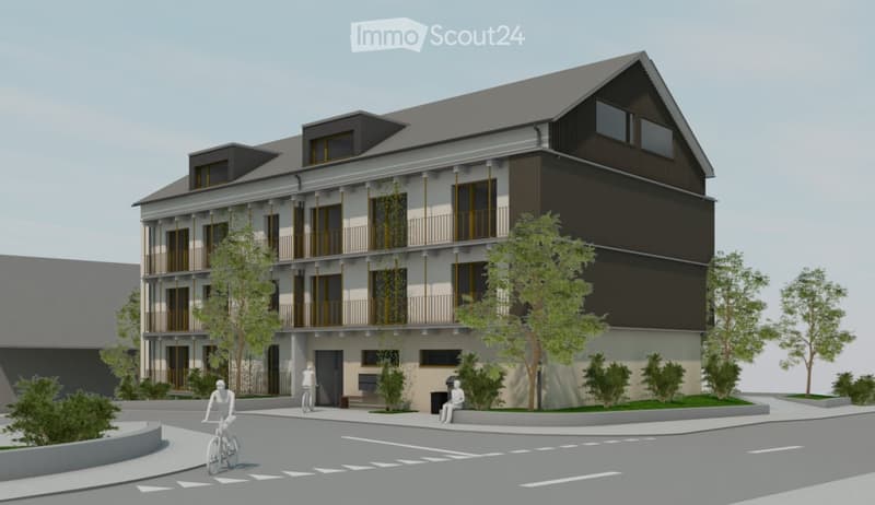 Modern multi-story residential building with balconies, large windows, and contemporary design. The building features a mix of dark and light facades, surrounded by greenery and a paved area with cyclists.