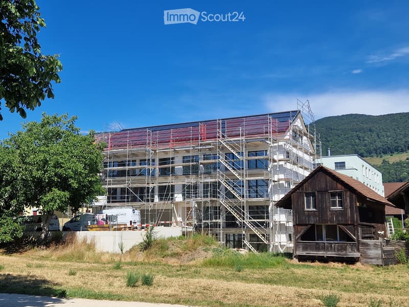 A multi-story building under construction with scaffolding, surrounded by a grassy area, trees, and a wooden structure nearby.