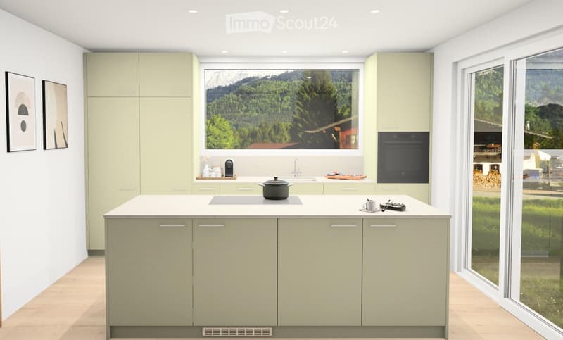 Modern kitchen with light green cabinets, white island, and large windows overlooking a scenic landscape. Includes a sink, oven, coffee maker, and framed pictures on the wall.