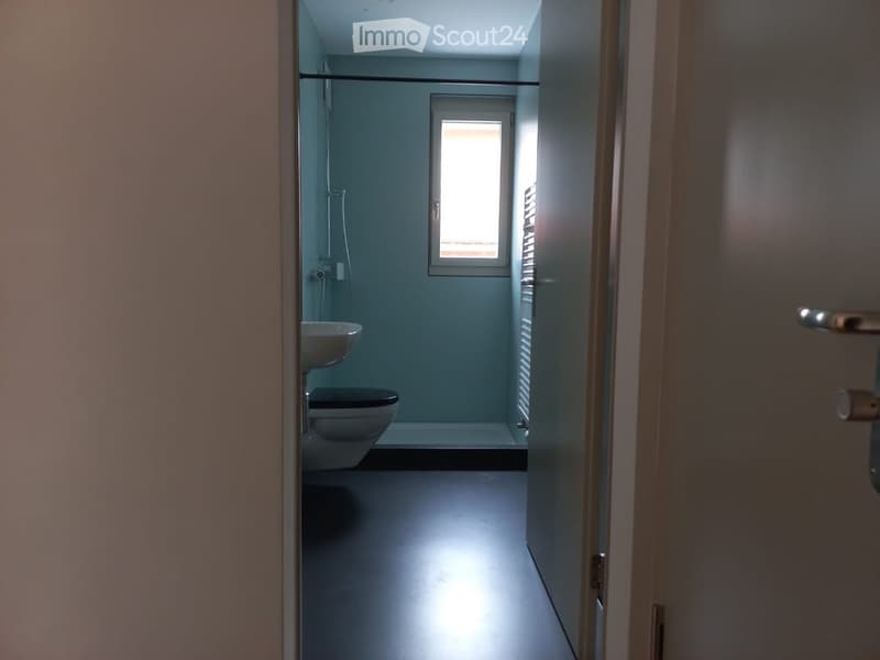 Modern bathroom with a toilet, sink, and shower area visible through an open doorway. The space features light blue walls and a dark floor.