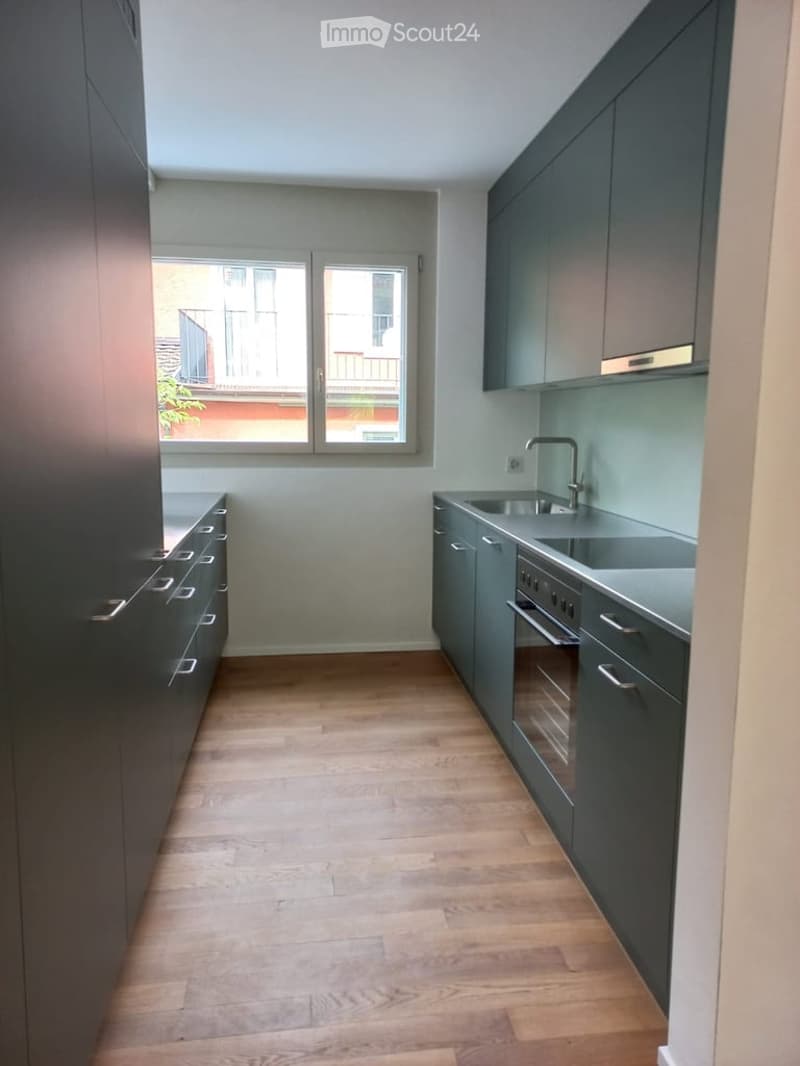 Modern kitchen with dark grey cabinets, light wooden flooring, and a window offering a view of the balcony and surrounding buildings.