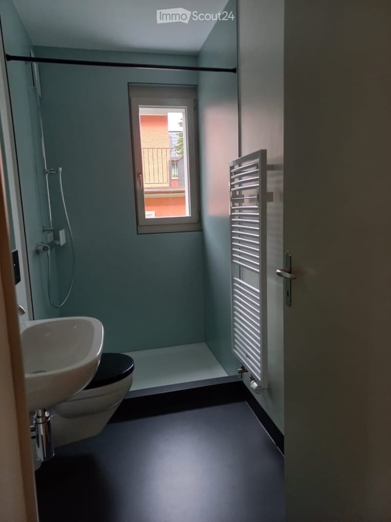 Modern bathroom with a sink, toilet, radiator, and a window offering a view of a balcony and building.