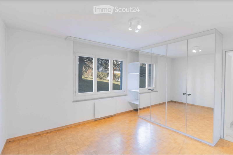 Empty room with white walls, wooden flooring, large windows, and a mirrored closet. No furniture or equipment present.