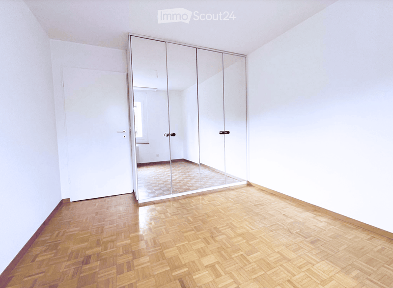 Empty room with light-colored walls, wooden herringbone flooring, and a large mirrored wardrobe unit.