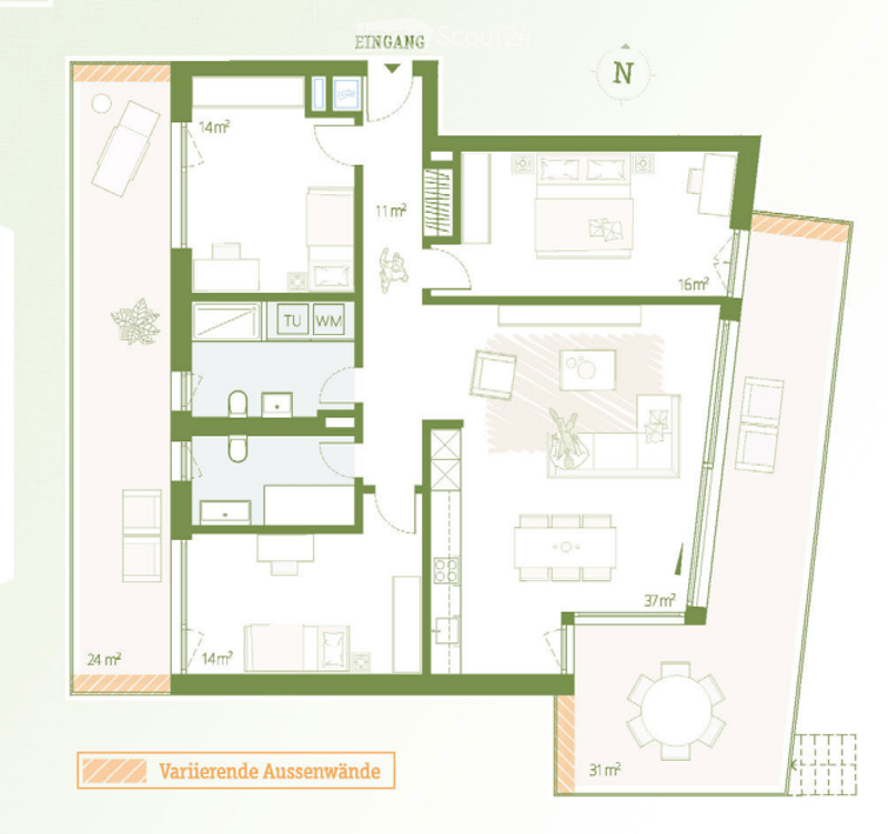 Floor plan of a multi-room apartment with labeled areas including living room, kitchen, bedrooms, bathrooms, and entrance.