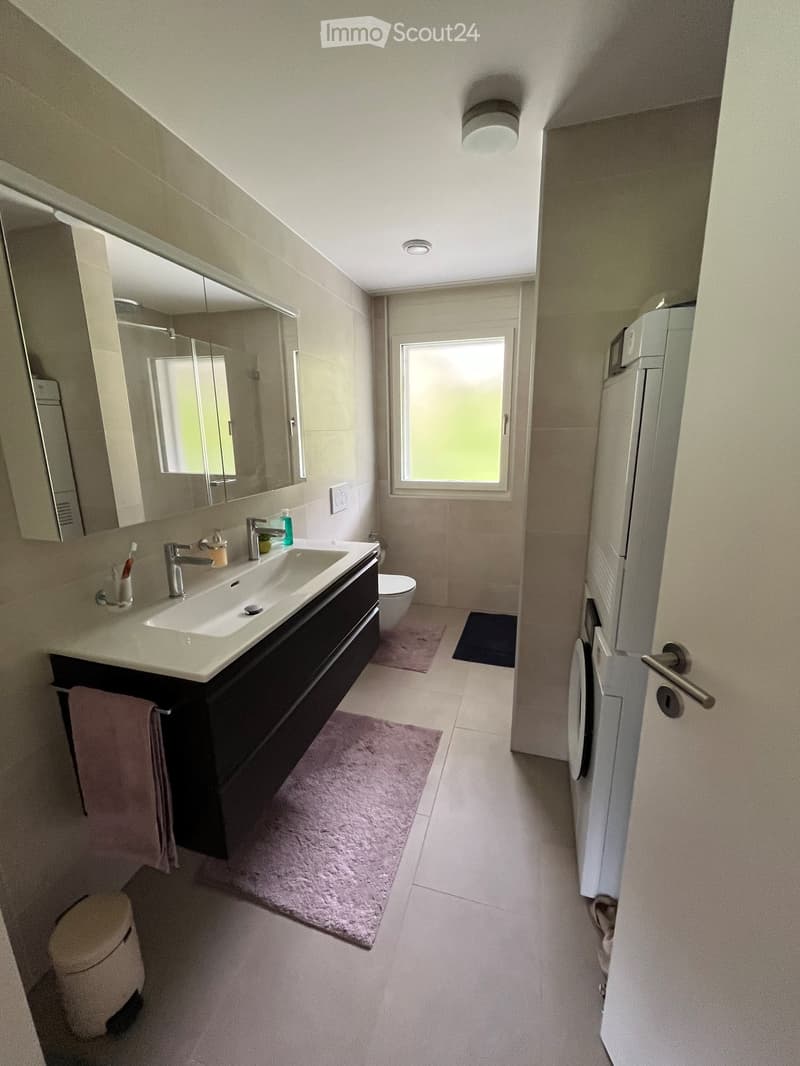 Modern bathroom with a double sink, large mirror, toilet, washing machine, and pink bathmat.
